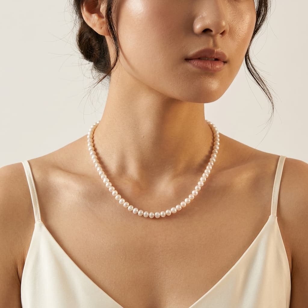 Woman wearing a delicate Luvymia 3-4mm round freshwater pearl necklace with 925 sterling silver.
