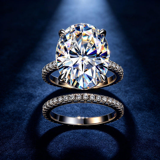 Luxury S925 silver oval moissanite bridal set with 12x16mm engagement ring and pavé eternity band.
