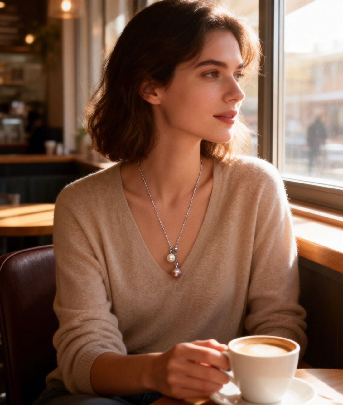 Silver chain necklace with white pearl pendant on natural crystal
