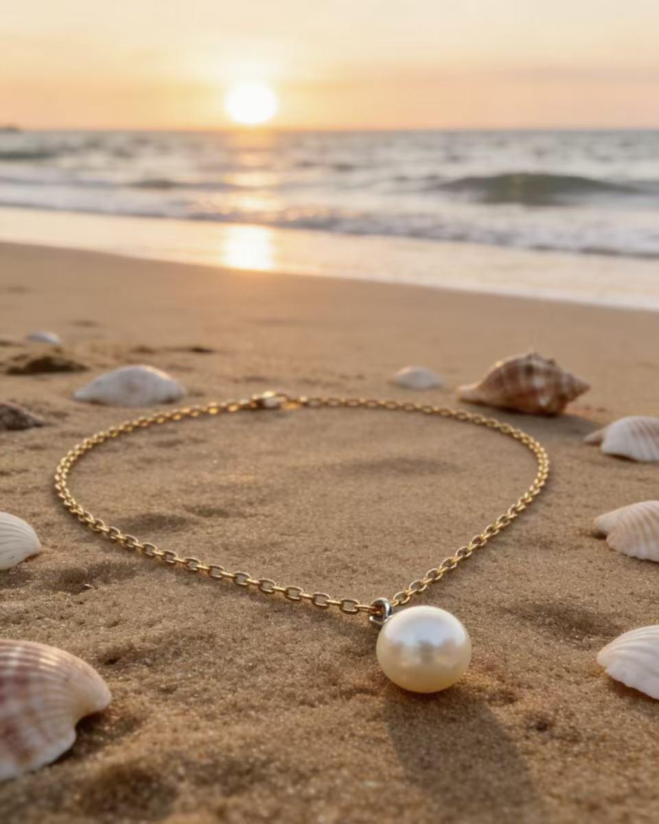 A delicate gold chain necklace featuring a single lustrous white pearl pendant rests on sun‑drenched beach sand at sunset. 