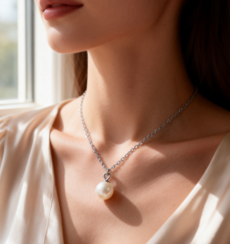 Minimal pearl pendant necklace worn on a woman's collarbone, featuring a single freshwater pearl with soft natural luster.