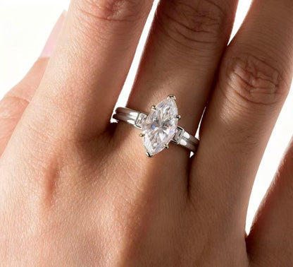Marquise Moissanite engagement ring on a hand, 3.0ct D color VVS1, S925 sterling silver 18K gold plated.