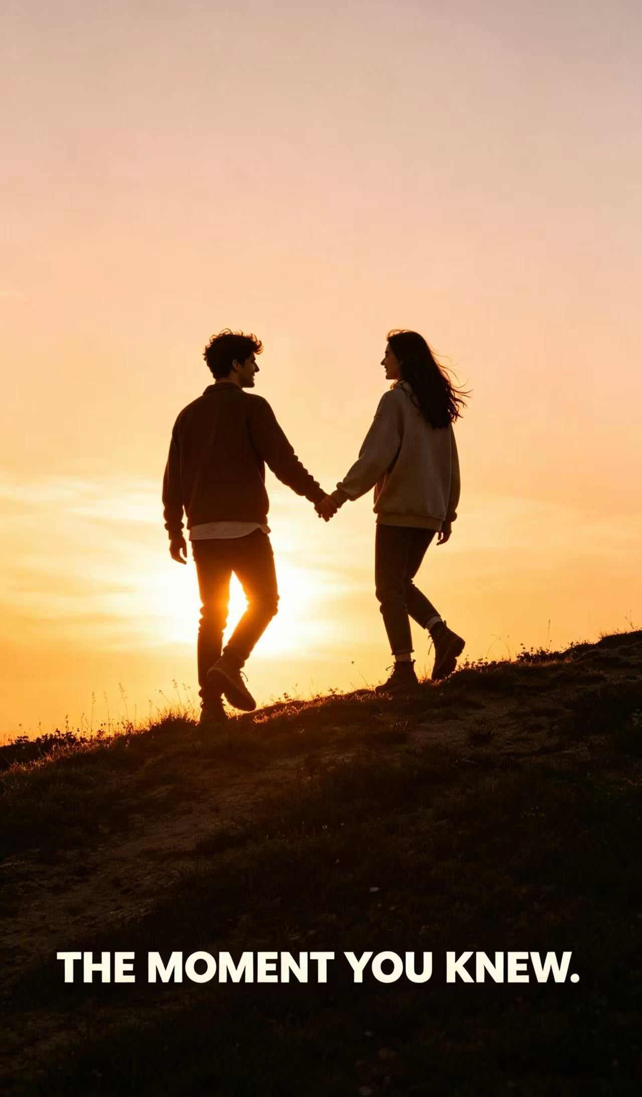 Couple holding hands, silhouetted against a vibrant sunset, walking up a grassy hill.