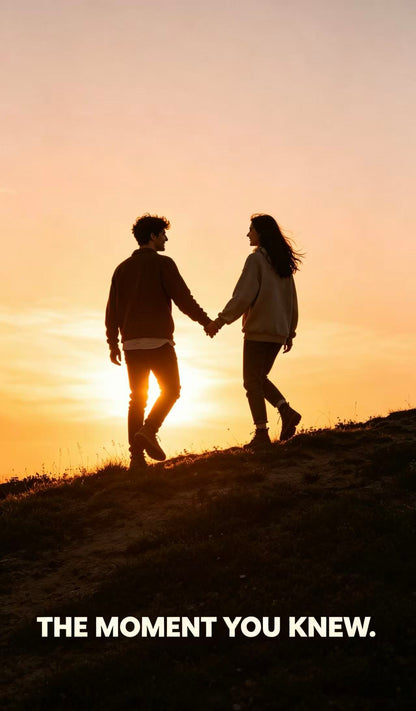 Couple holding hands, silhouetted against a vibrant sunset, walking up a grassy hill.