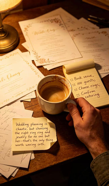 Hand holding coffee cup next to wedding invitations, a notepad with "Choose rings" checked, and a quote about rings.