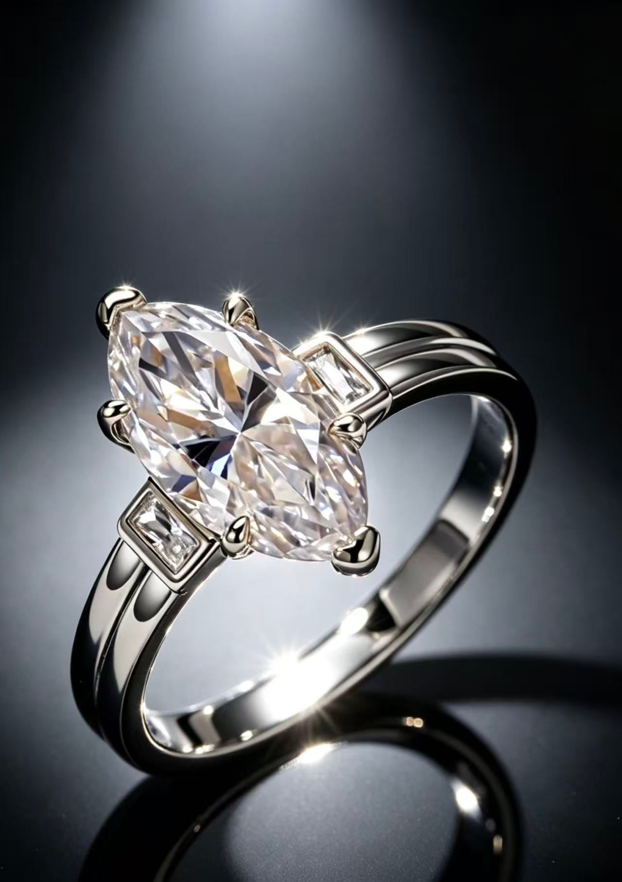 Silver 18K gold plated engagement ring with a 3.0ct D color marquise moissanite and two baguette side stones.