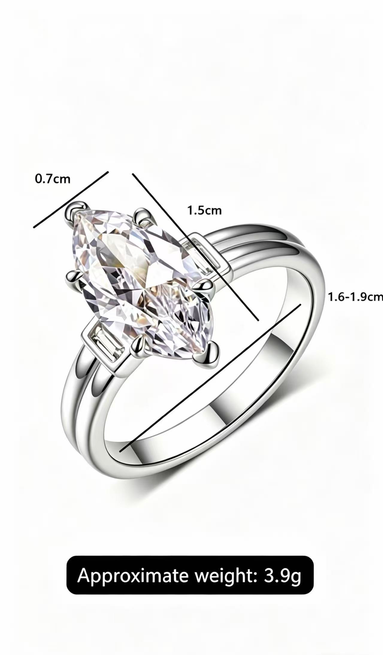 Silver "Three Lives" Marquise Moissanite Engagement Ring with 3.0ct D color VVS1 main stone and baguette accents.
