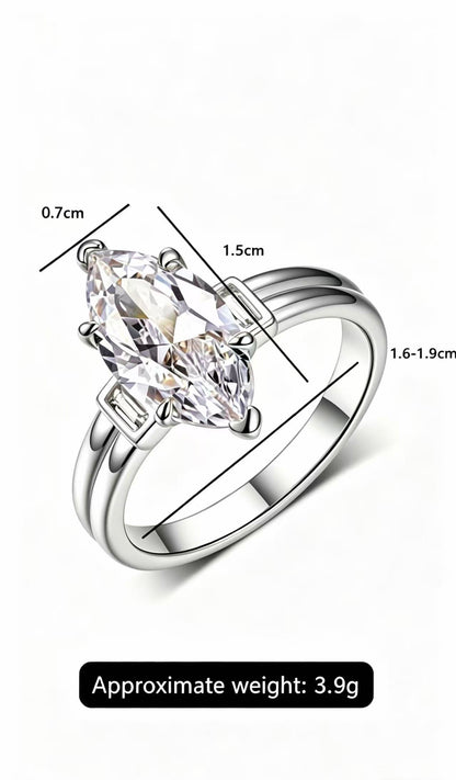 Silver "Three Lives" Marquise Moissanite Engagement Ring with 3.0ct D color VVS1 main stone and baguette accents.