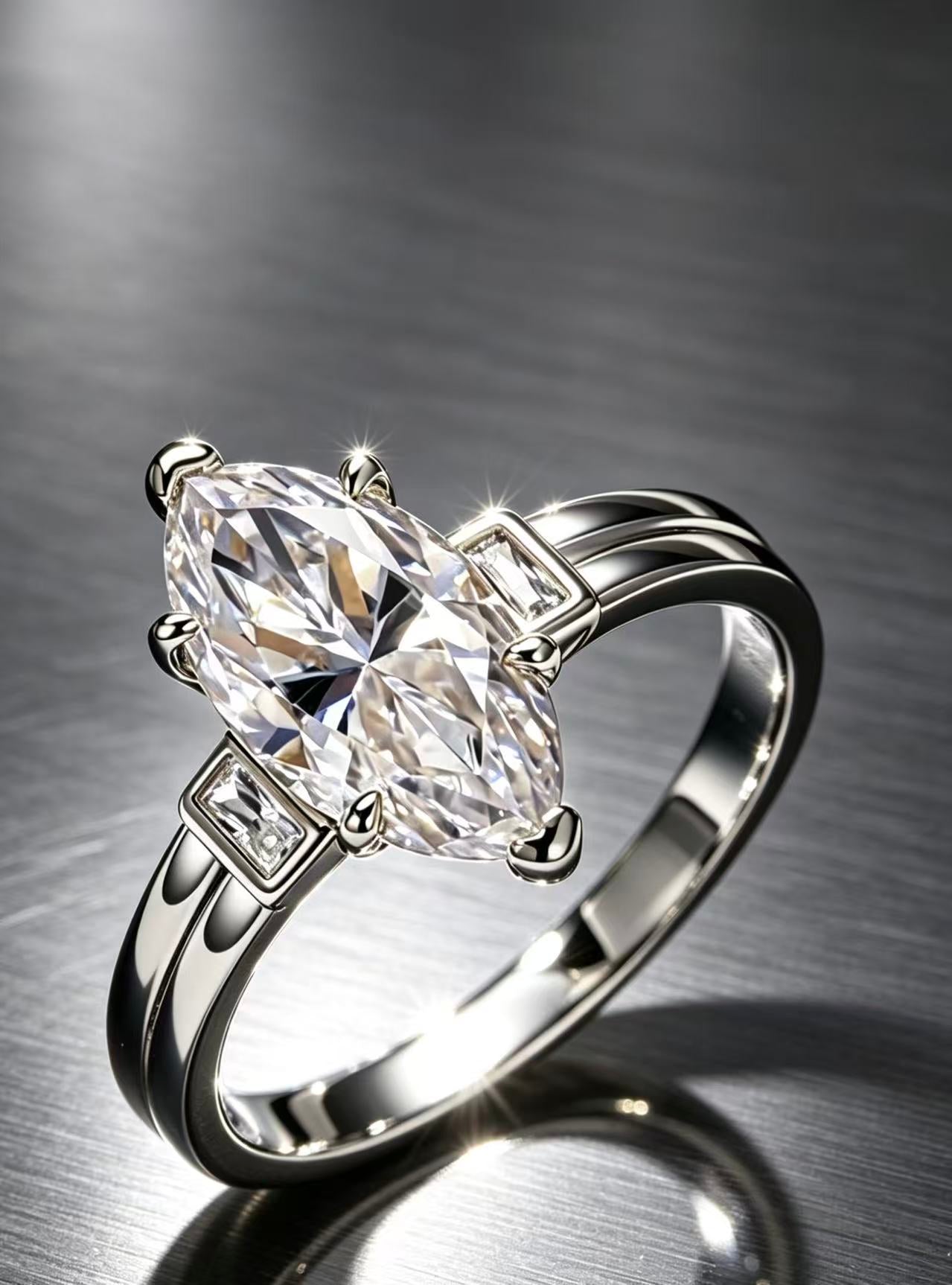 Silver S925 sterling 18K gold plated engagement ring with a 3.0ct D color marquise moissanite and baguette side stones.