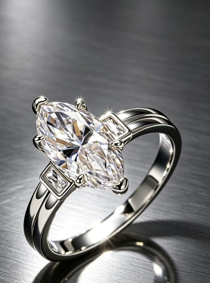 Silver S925 sterling 18K gold plated engagement ring with a 3.0ct D color marquise moissanite and baguette side stones.