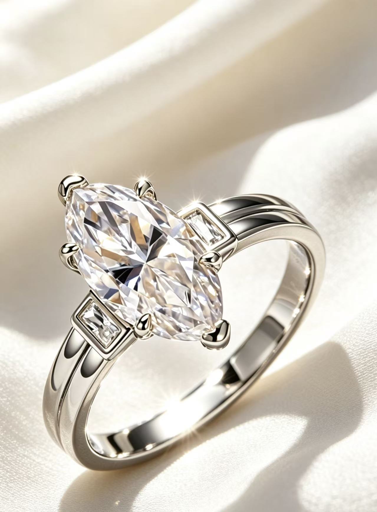 Silver "Three Lives" marquise moissanite engagement ring with 3.0ct D color VVS1 main stone and baguette side stones.