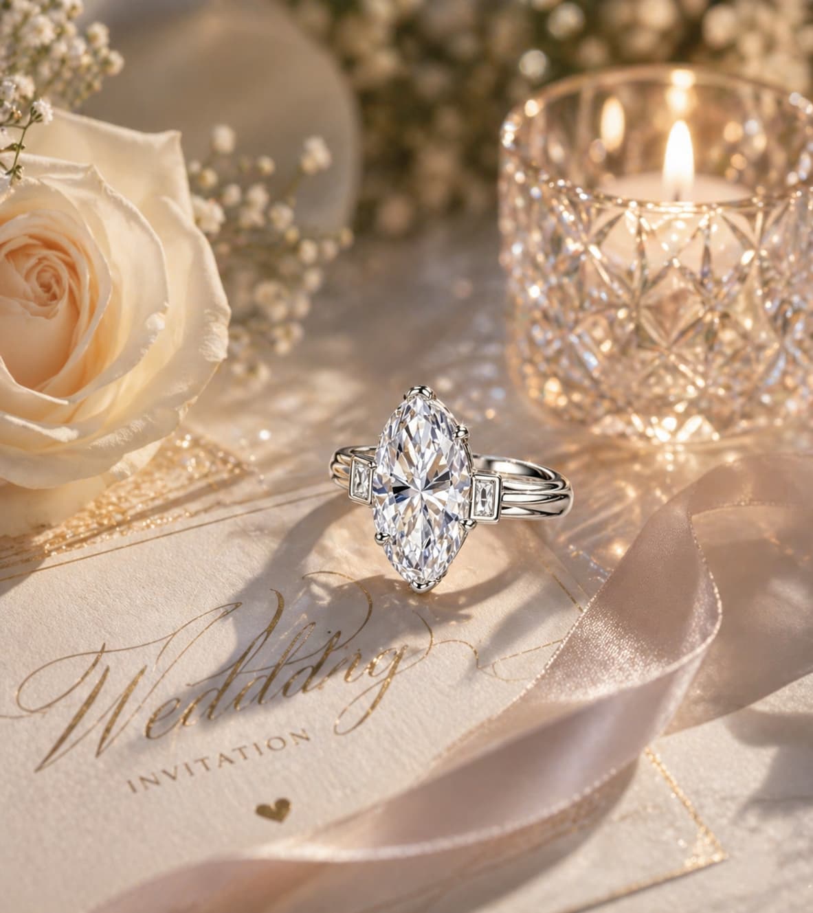 Silver 3.0ct D color VVS1 marquise moissanite three-stone engagement ring on a wedding invitation.