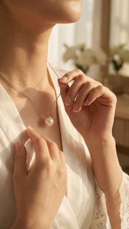 Woman wearing a Luvymia 7mm Hepu saltwater pearl pendant necklace with a silver chain.