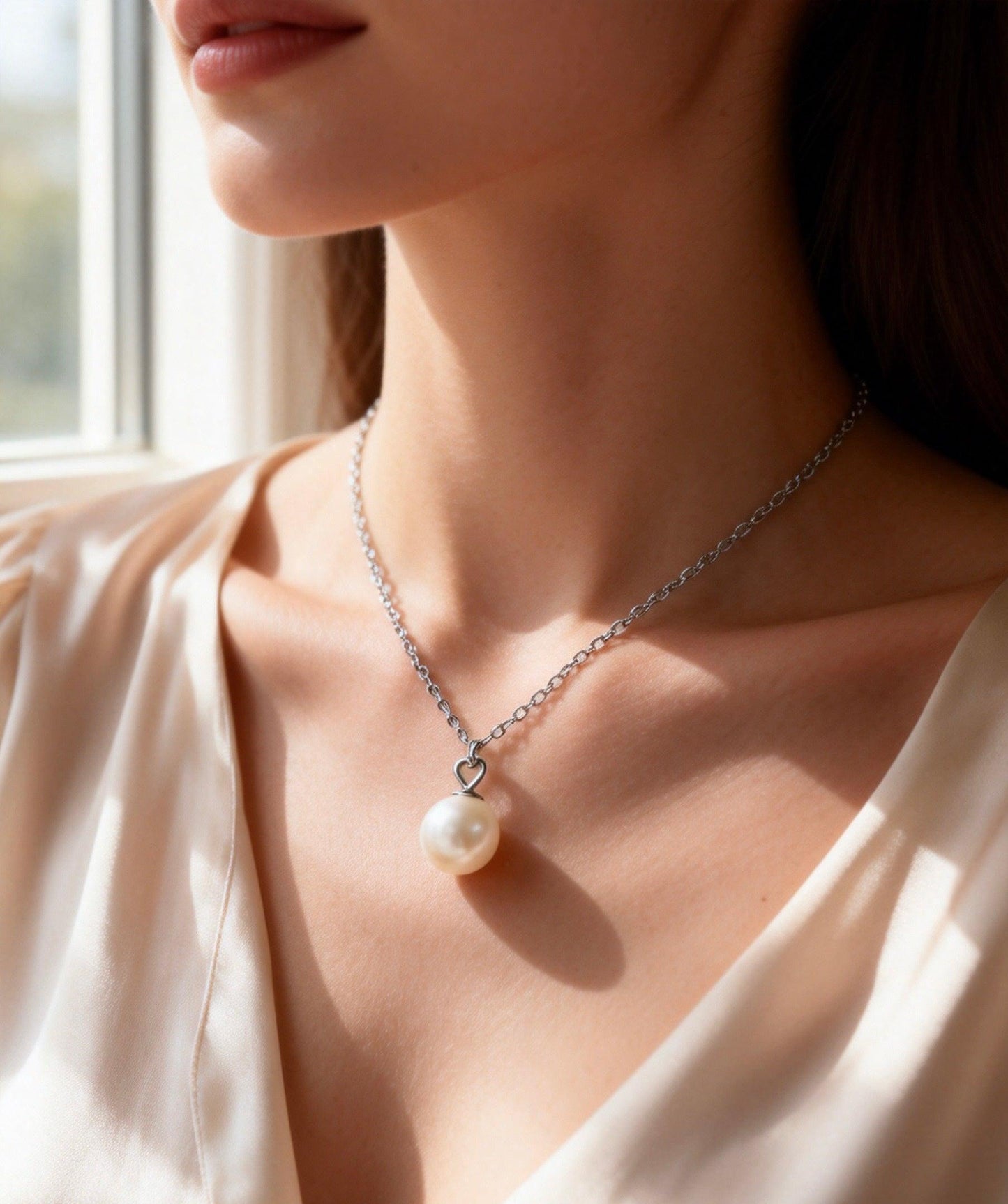 7mm Hepu saltwater pearl pendant necklace with a silver chain and heart bail on a woman.