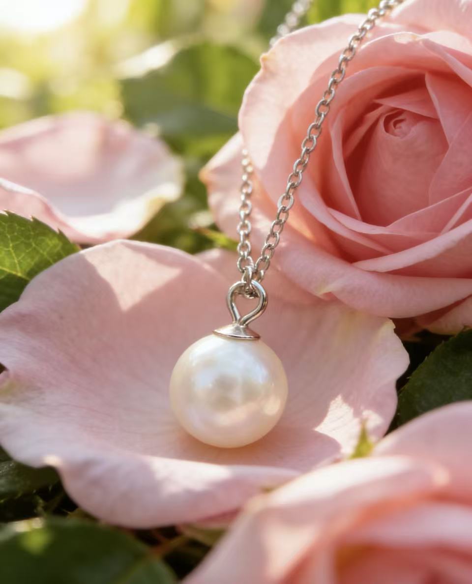 Luvymia 7mm Hepu saltwater pearl pendant necklace with a silver chain on pink rose petals.