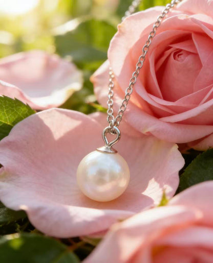 Luvymia 7mm Hepu saltwater pearl pendant necklace with a silver chain on pink rose petals.