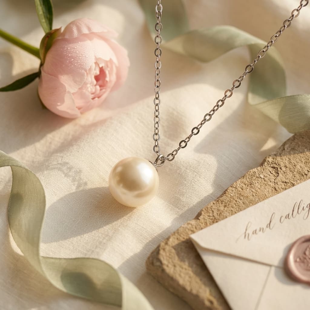 Luvymia 7mm Hepu saltwater pearl pendant necklace with a silver chain, pink peony, and ribbon.