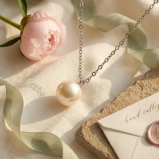 Luvymia 7mm Hepu saltwater pearl pendant necklace with a silver chain, pink peony, and ribbon.