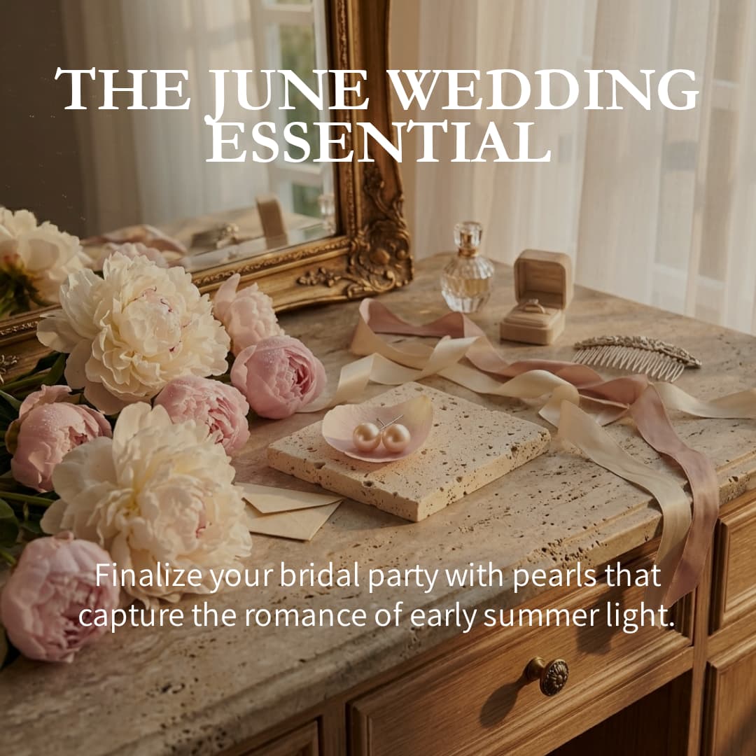 Luvymia 7mm South Sea pearl stud earrings on a stone slab, surrounded by peonies and wedding accessories.
