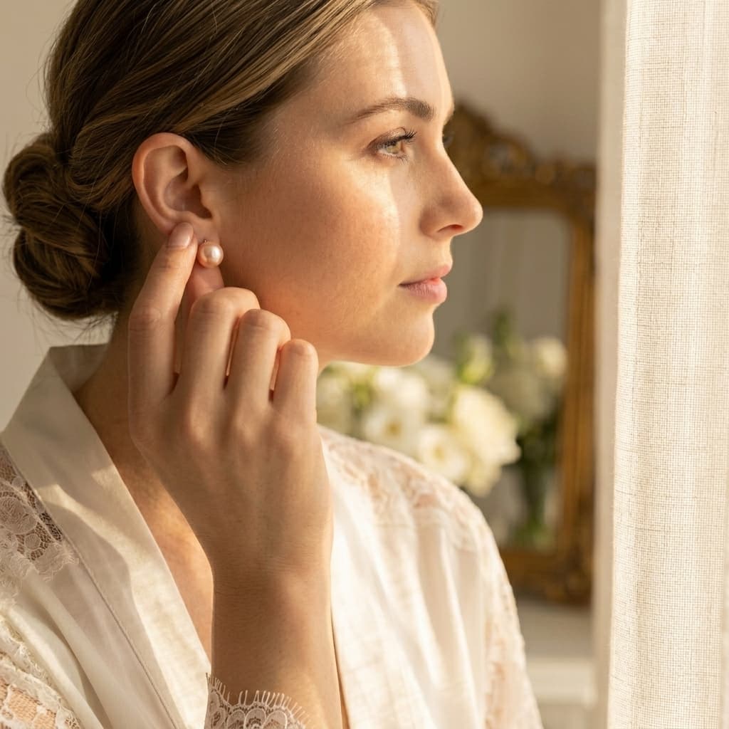 Woman wearing a 7mm South Sea pearl stud earring, showcasing its natural luster and minimalist design.