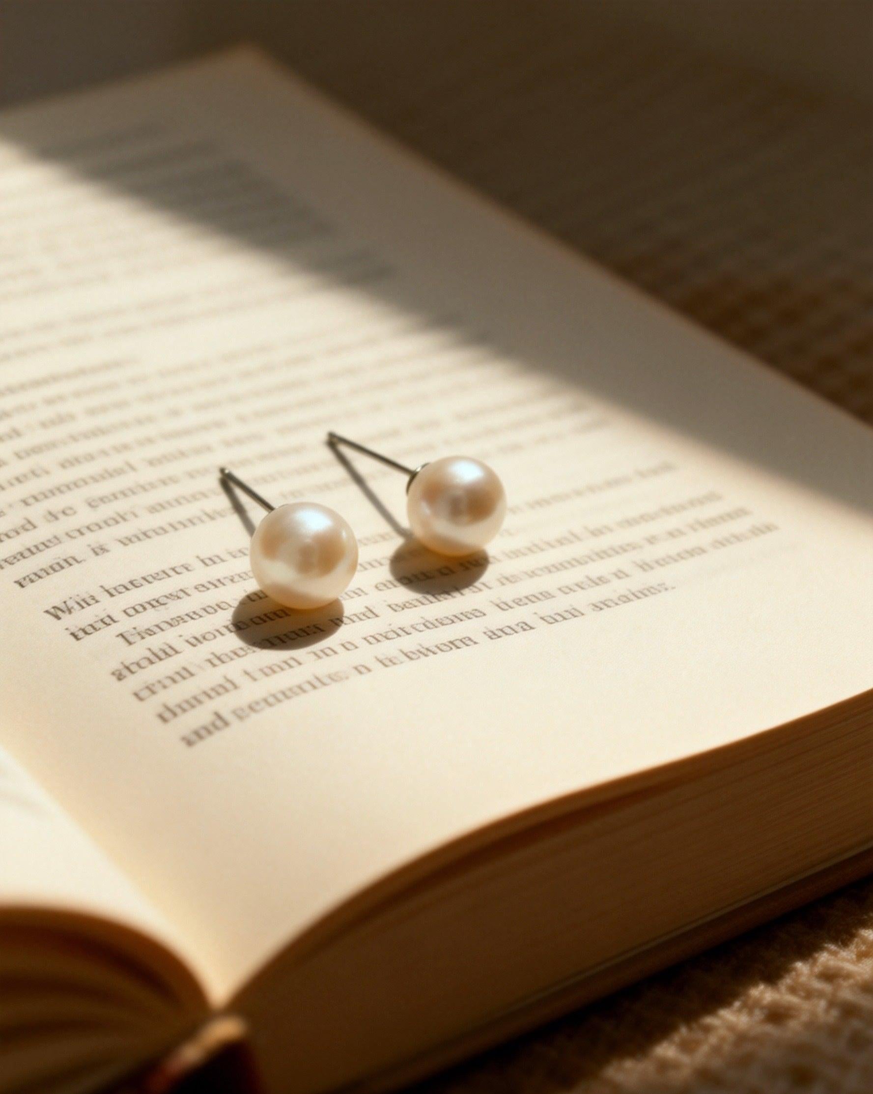Pair of Luvymia 7mm South Sea pearl stud earrings with natural luster on an open book.
