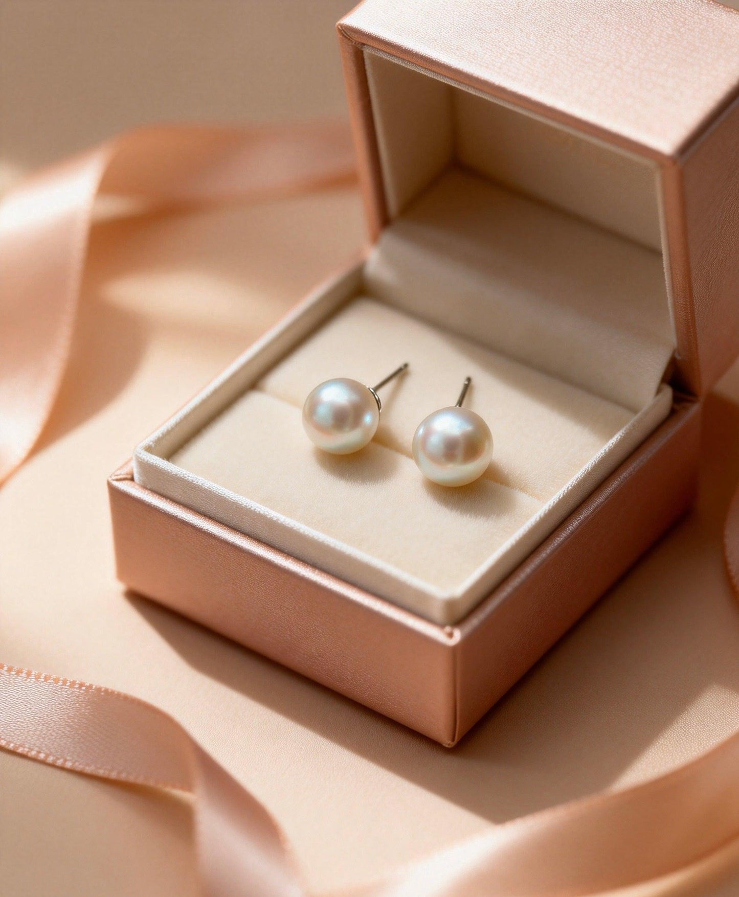 Luvymia 7mm South Sea pearl stud earrings in a pink gift box with a ribbon.