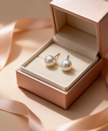 Luvymia 7mm South Sea pearl stud earrings in a pink gift box with a ribbon.