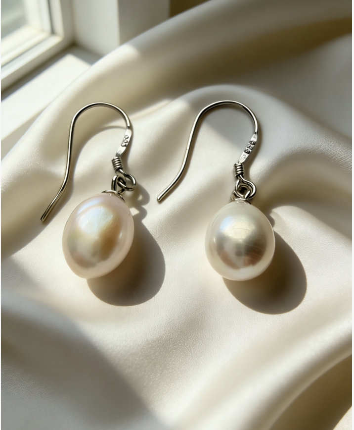 Baroque freshwater pearl drop earrings with 925 sterling silver hooks on a cream satin fabric.