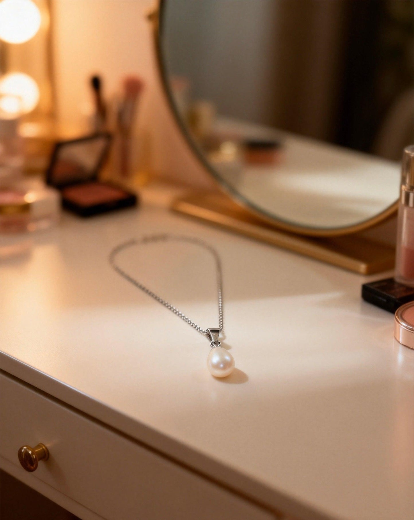 Baroque freshwater pearl pendant necklace with a cream-white pearl and 925 sterling silver chain on a vanity.
