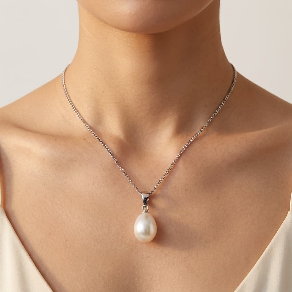 Woman wearing a Luvymia Baroque freshwater pearl pendant necklace with a 925 sterling silver chain.