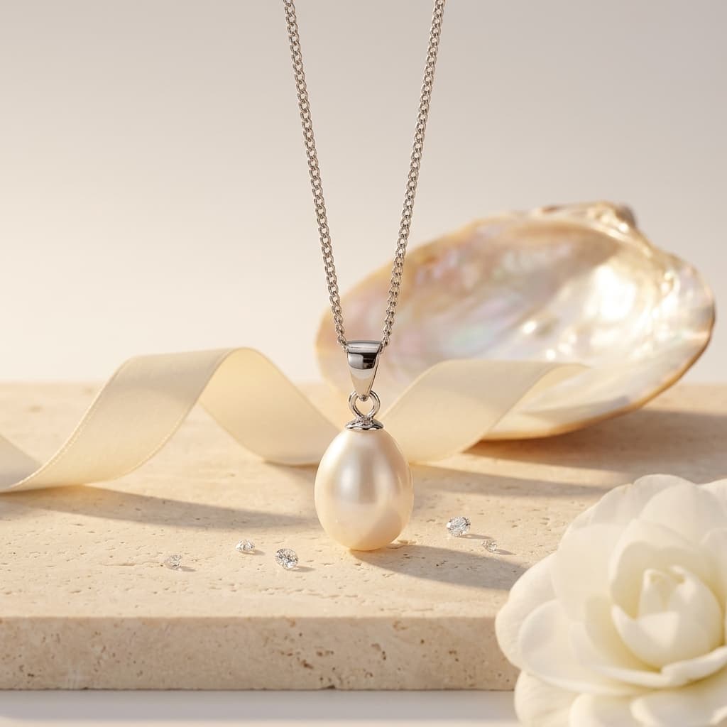 Baroque freshwater pearl pendant necklace with a cream-white pearl on a 925 sterling silver chain.