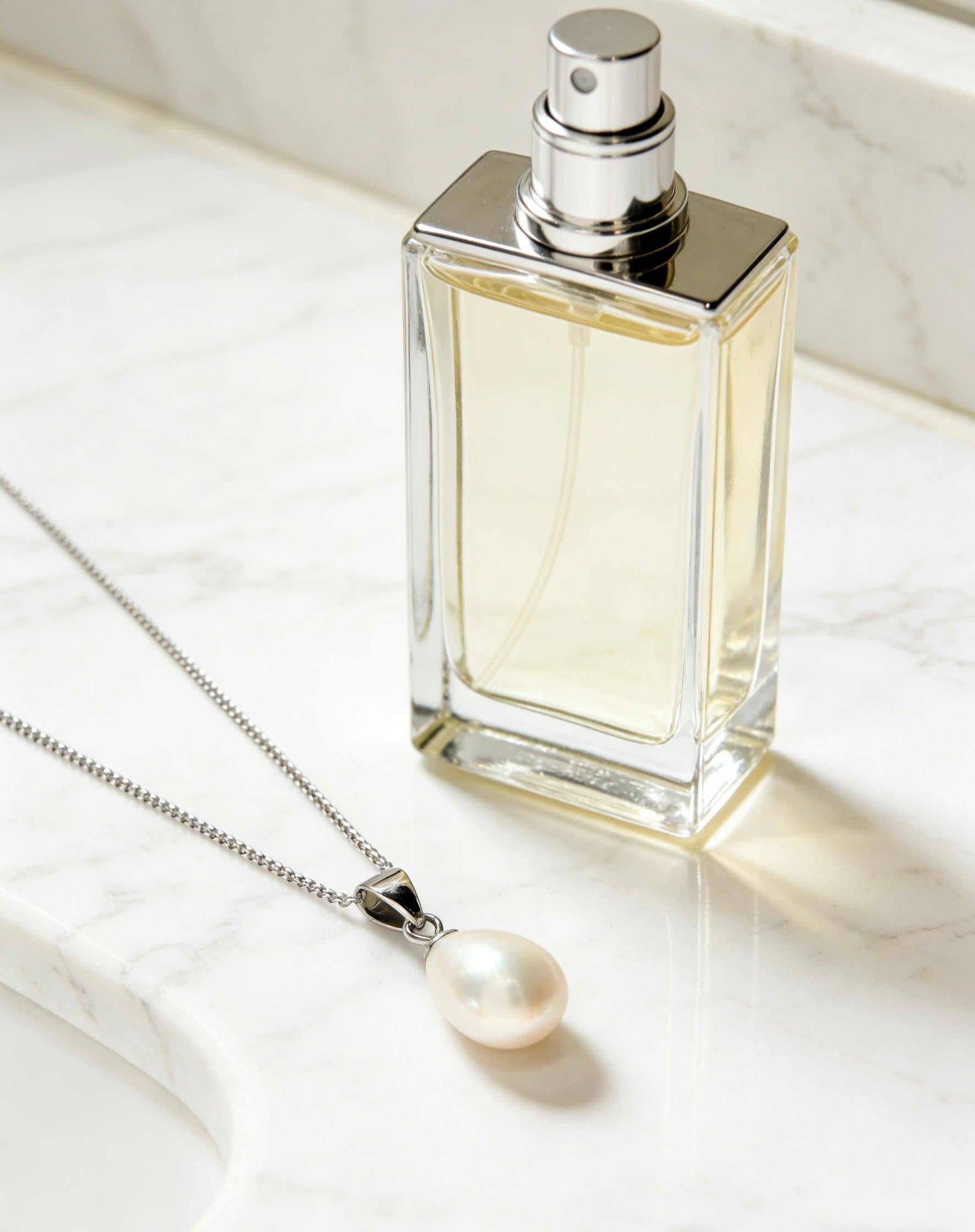 Baroque freshwater pearl pendant necklace with a 925 sterling silver chain next to a perfume bottle on marble.