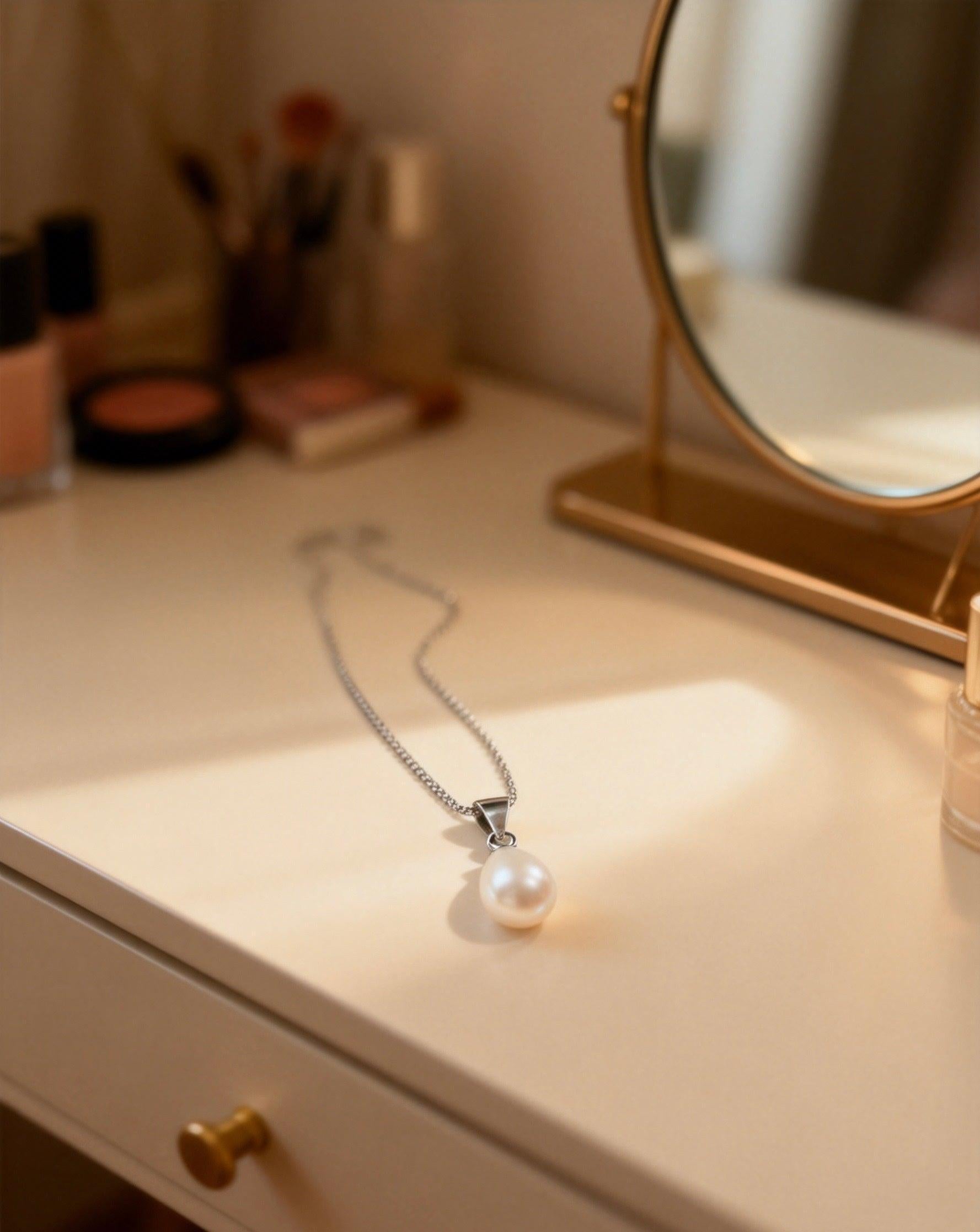 Baroque freshwater pearl pendant necklace with a cream-white pearl and 925 sterling silver chain on a vanity.