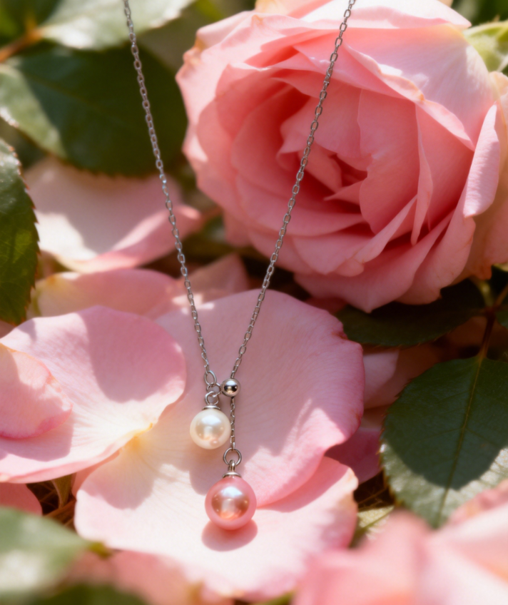 Sterling silver necklace with a peach pink and white double freshwater pearl pendant on pink rose petals.