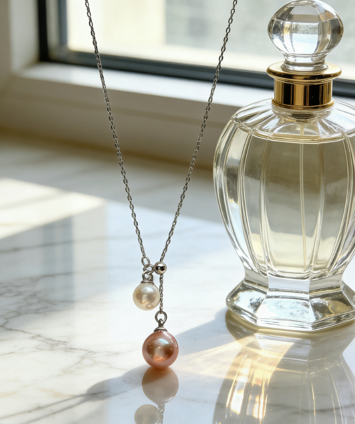 925 sterling silver necklace with a 6-7mm peach pink and 4-5mm white double freshwater pearl pendant.