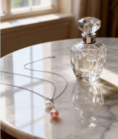 Sterling silver necklace with peach pink and white freshwater pearls next to a perfume bottle on a marble table.