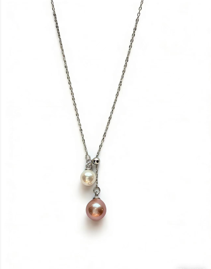 925 sterling silver necklace with a 6-7mm peach pink and 4-5mm white double freshwater pearl pendant.