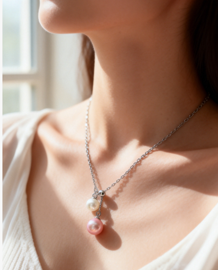 Double freshwater pearl pendant necklace with peach pink and white pearls on a 925 sterling silver chain.