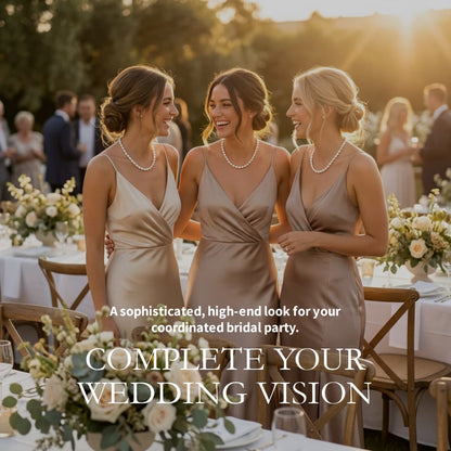 Three bridesmaids in champagne dresses wearing delicate 3-4mm freshwater pearl necklaces at an outdoor wedding.