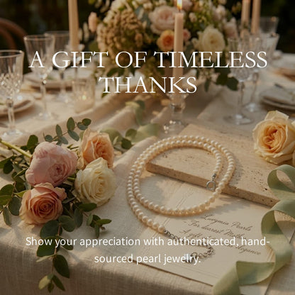 Round freshwater pearl necklace (3-4mm) with 925 sterling silver clasp, displayed on a table with flowers.
