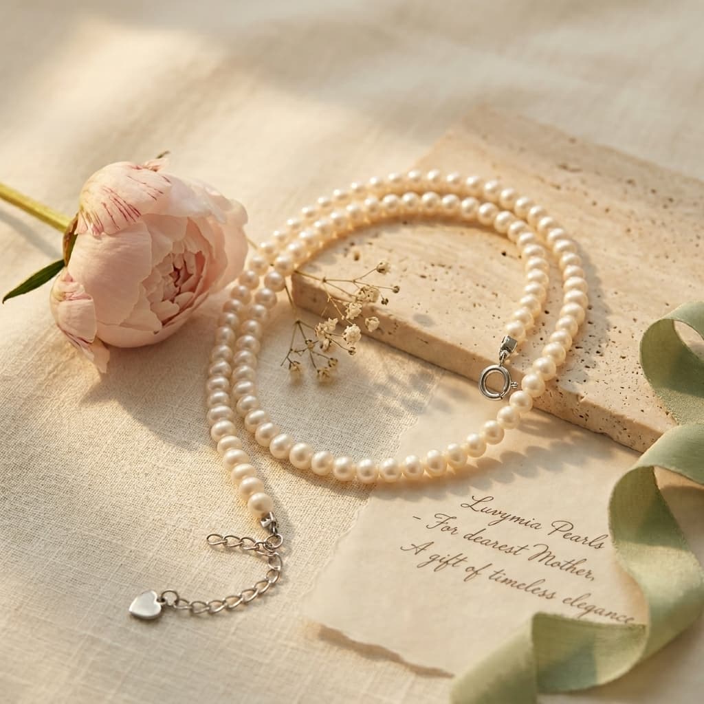 Delicate 3-4mm near-round freshwater pearl necklace with 925 sterling silver clasp, beside a pink peony.
