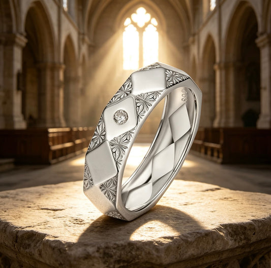 Men's Moissanite Ring · Engraved Diamond Pattern · Vintage Floral · D Color · S925 Silver | LUVYMIA