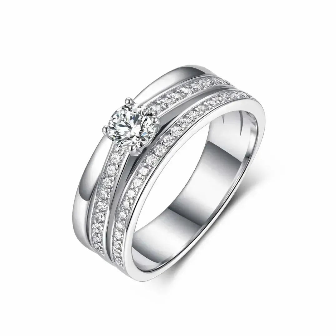 Men's S925 silver wedding ring with 0.4ct moissanite center stone and double pavé rails.