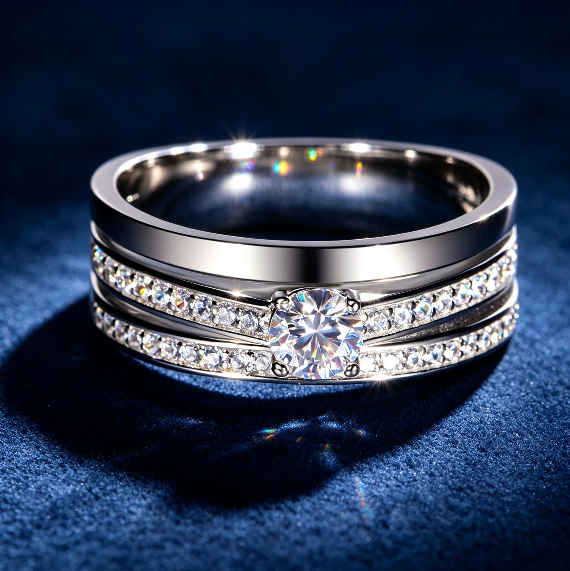 Men's S925 silver wedding ring with 0.4ct round moissanite center stone and double pavé rails.