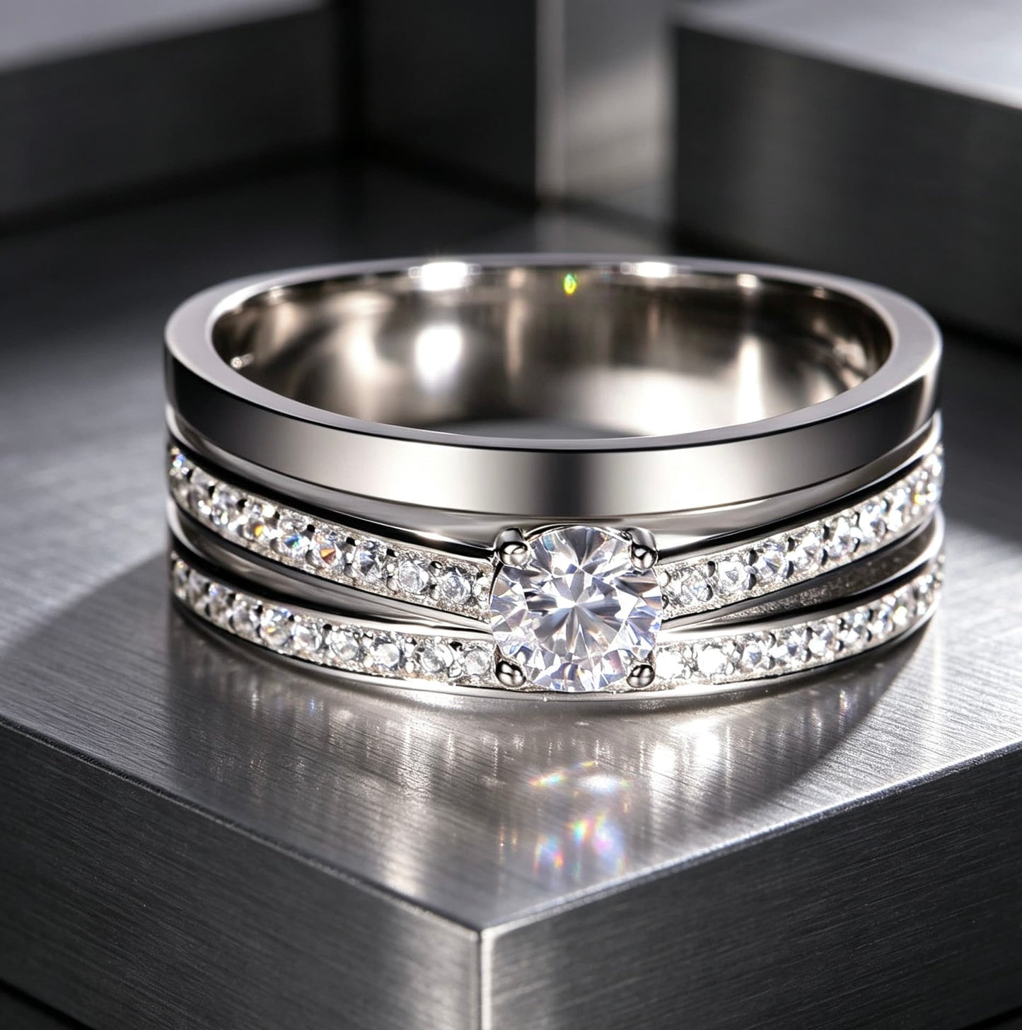 Men's S925 silver moissanite wedding ring with 0.4ct center stone and double pavé rails.