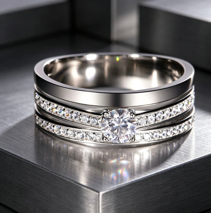 Men's S925 silver moissanite wedding ring with 0.4ct center stone and double pavé rails.