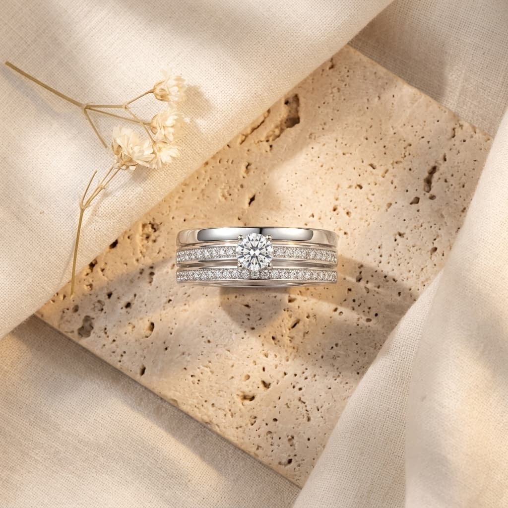 Men's S925 silver moissanite wedding ring with 0.4ct center stone and double pavé rails.