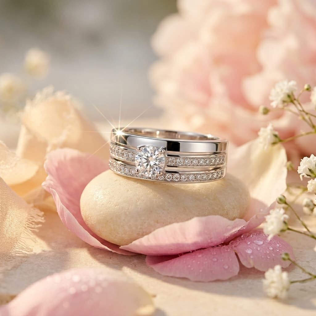 Men's S925 silver moissanite wedding ring with 0.4ct center stone and double pavé rails, on pink petals.