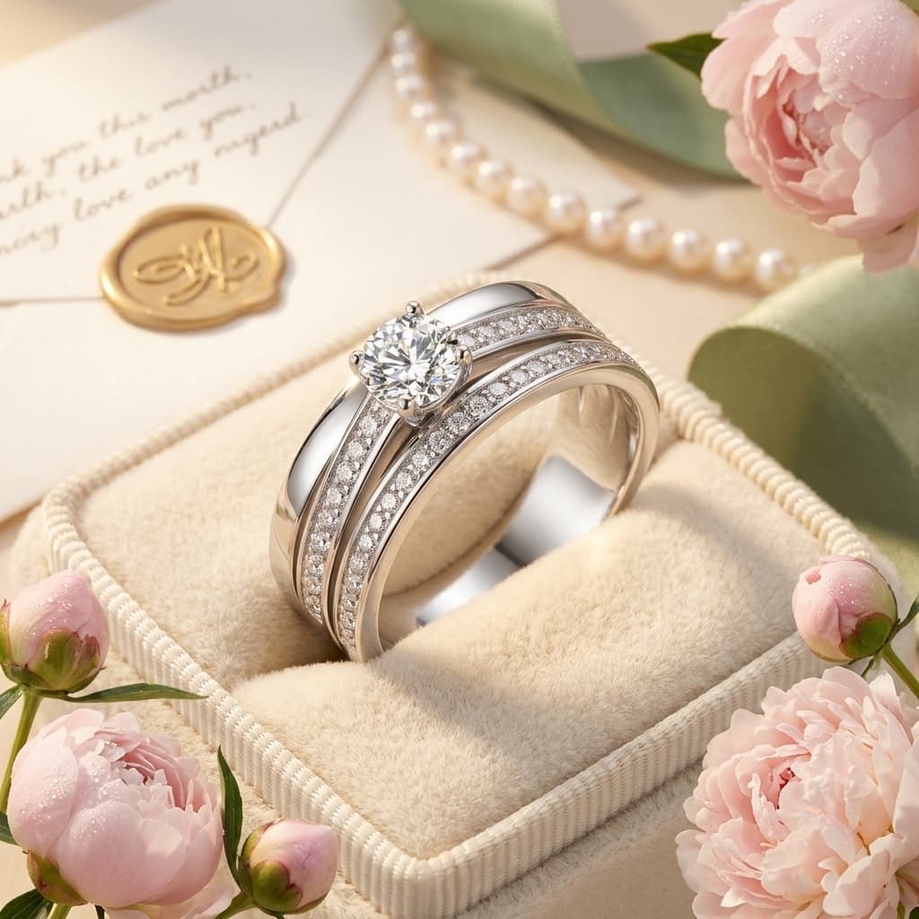 Men's S925 silver moissanite wedding ring with 0.4ct center stone and double pavé rails in a velvet box.