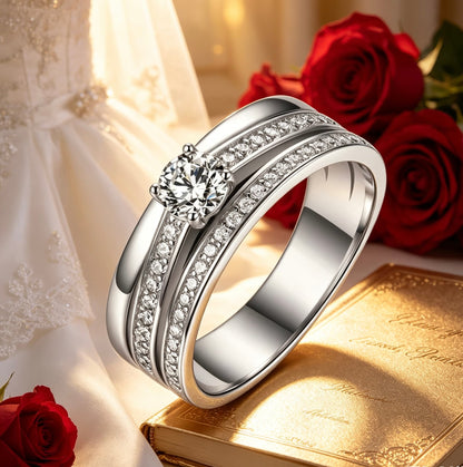 Men's S925 silver wedding ring with 0.4ct round moissanite center stone and double pavé rails.